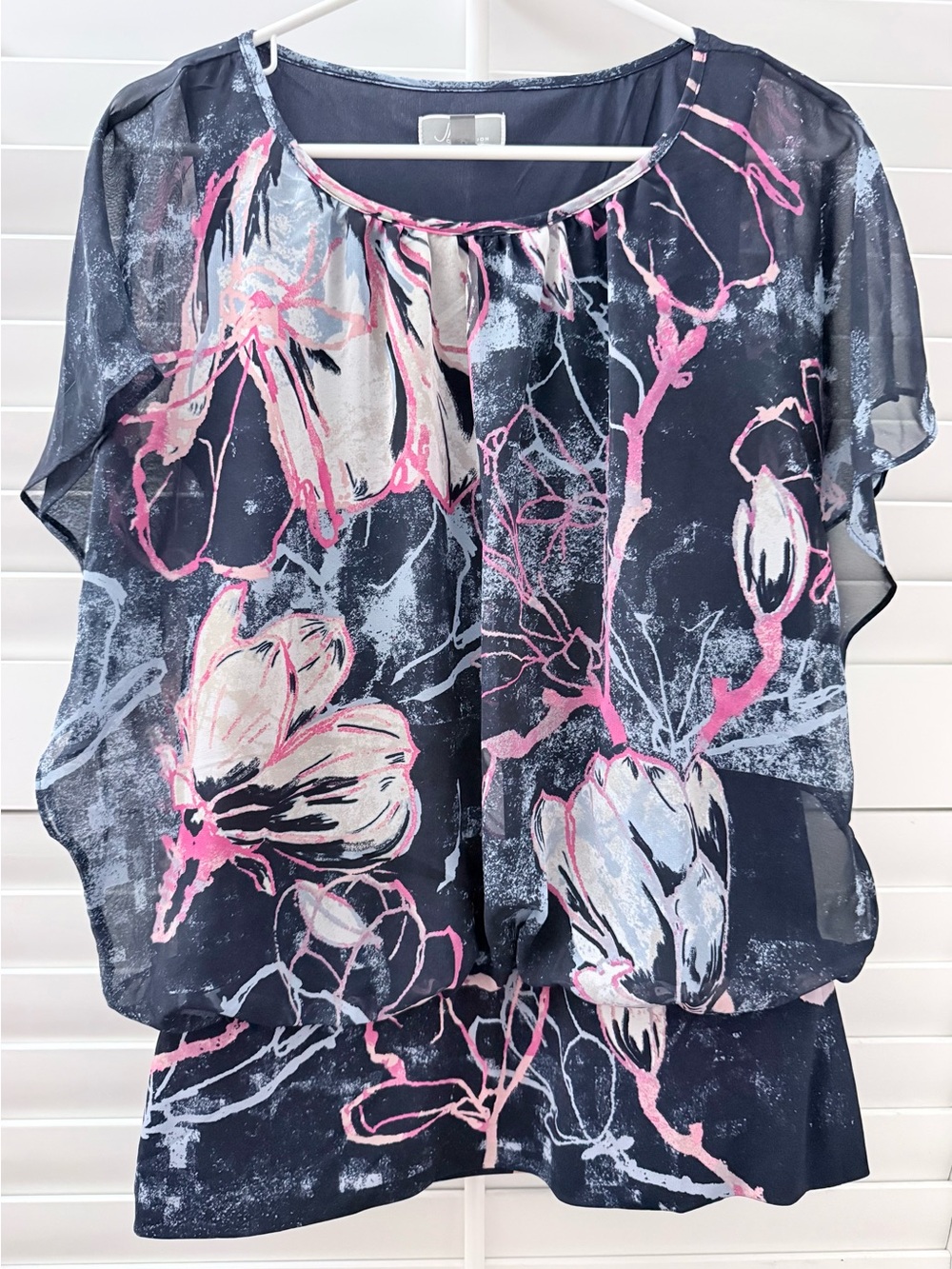 JM Collection Navy Floral Blouse with Pink and Cream Accents